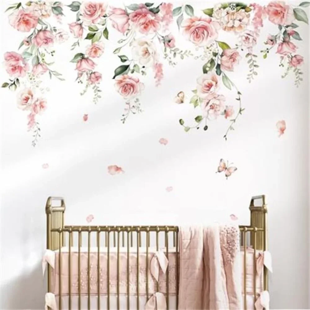 Large Pink Flower Wall Decals Vine Stickers Nursery Girls Bedroom Living Room